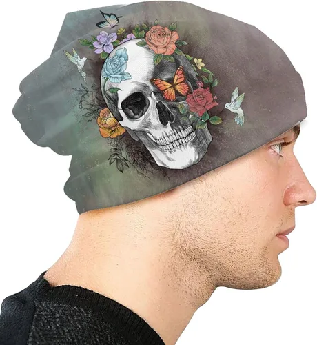 Vista 3 de Gorro de punto con diseño de calavera de azúcar y flores, para adultos, cálido, holgado, regalo para hombres y mujeres