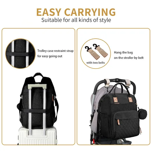 Vista 4 de GurZinn Mochila de Pañales con Estación de Cambio Portátil 3 en 1 Mochila Multifunción de Viaje, Mochila para Mamá, Carriola Negra