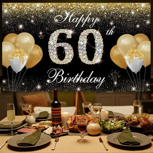 Vista 4 de Decoraciones de feliz cumpleaños 60 para hombres y mujeres – Cartel de fondo de cumpleaños 60 negro y dorado, cartel de patio, accesorios de cabina