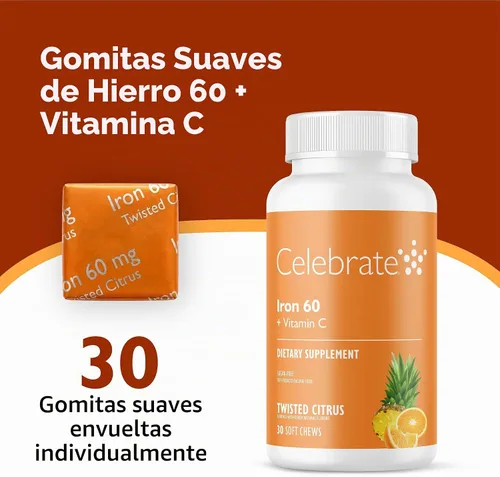 Vista 2 de Celebrate Vitamins Suplemento de Hierro con 60mg de Hierro y Vitamina C – Masticables de Cítricos para Pacientes Bariátricos, Soporte para Bypass