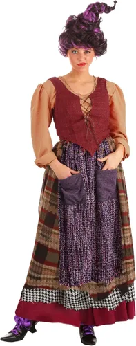 Vista 4 de Plus Mary Sanderson Costume Adult Disney Hocus Pocus Womens Outfit Shirt, Corset, Skirt wAttached Apron, Purple Wig