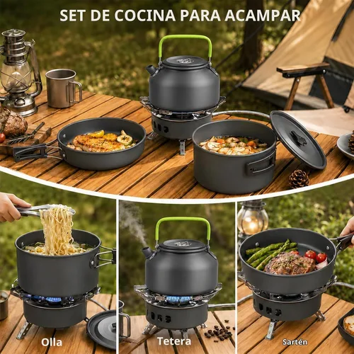 Vista 5 de aiGear Utensilios de cocina para acampar con olla cubiertos vajilla 1-2
