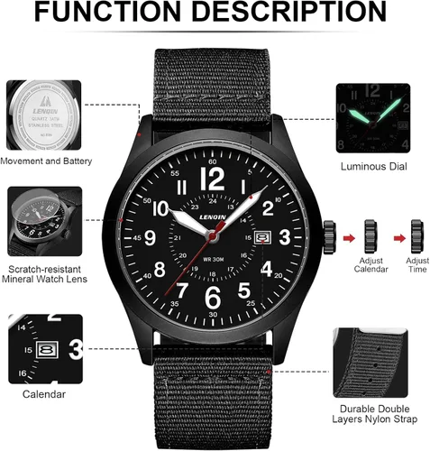 Vista 7 de LN LENQIN Relojes militares para hombre, reloj deportivo analógico de cuarzo impermeable para hombre con fecha, luminoso, militar, campo táctico