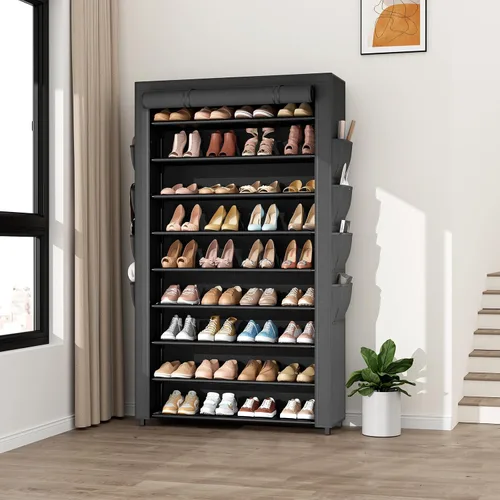 Vista 8 de Zapatero con tapa, organizador de zapatos de 10 niveles para 40-50 pares de zapatos deportivos y botas, gran capacidad, con 8 bolsillos, zapatero