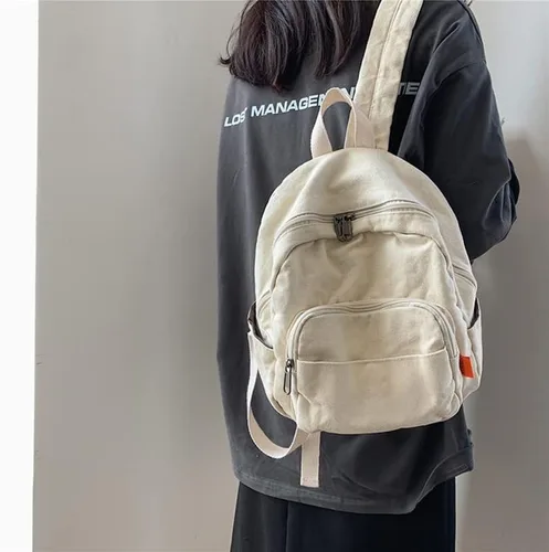 Vista 3 de Mini mochila para mujeres y hombres, pequeña bolsa de lona estética, mochila de trabajo, mochila linda, bolso casual, Blanco, Mochilas Daypack