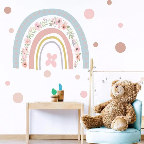 Vista 6 de Calcomanía de pared de arco iris, calcomanía de pared para guardería, atractivos arco iris acuarela, calcomanías de vinilo extraíbles para niños