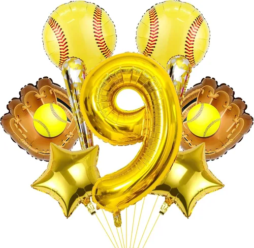Vista 8 de 9 globos de sóftbol – Globos de papel de aluminio Mylar con número de cumpleaños de sóftbol – Suministros y decoraciones para fiestas (8vo)