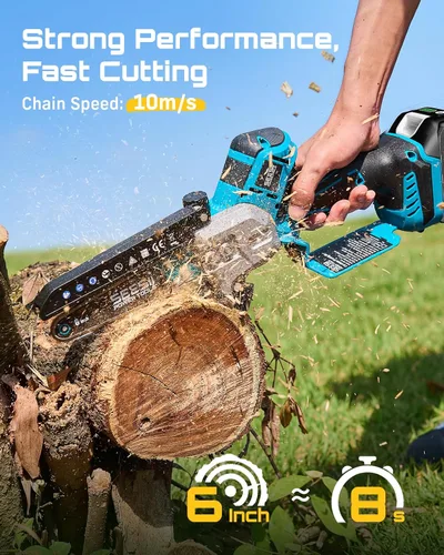 Vista 4 de SEESII Mini motosierra sin escobillas de 6 pulgadas, sierra de mano con 2 baterías de 2000 mAh, motosierra inalámbrica con engrasador automático