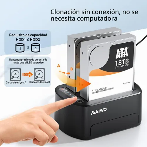 Vista 2 de MAIWO Estación de acoplamiento de disco duro externo con clon offline para 2.5/3.5" SATA HDD/SSD, 5Gbps con UASP, capacidad de 48 TB, duplicador