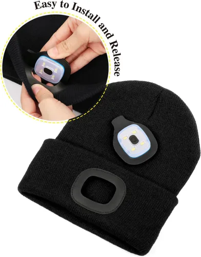 Vista 2 de MELASA Gorro con luz para niños,Sombrero de faro LED manos libres recargable por USB, gorro de invierno de punto con linterna