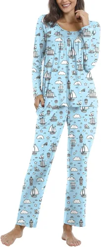 Vista 2 de POPYOUNG Conjunto de pijama suave de 2 piezas para mujer, para otoño e invierno, con bolsillos