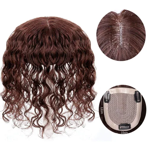 Vista 5 de Parte superior de cabello rizado en forma de U hecha a mano, pieza de cabello humano ondulado, 100% cabello humano con flequillo, postizo superior