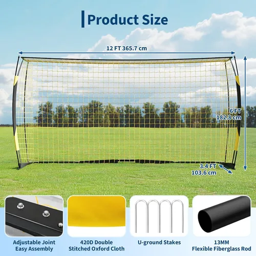 Vista 2 de Portería de fútbol de 12 x 6 pies para patio trasero, red de fútbol portátil con base de metal resistente, equipo de entrenamiento de fútbol