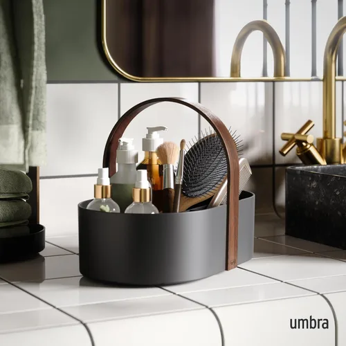 Vista 2 de Umbra Bellwood Caddy, organizador para maquillaje y cosméticos, contenedor ligero y duradero con mango de madera y divisores extraíbles, pequeño