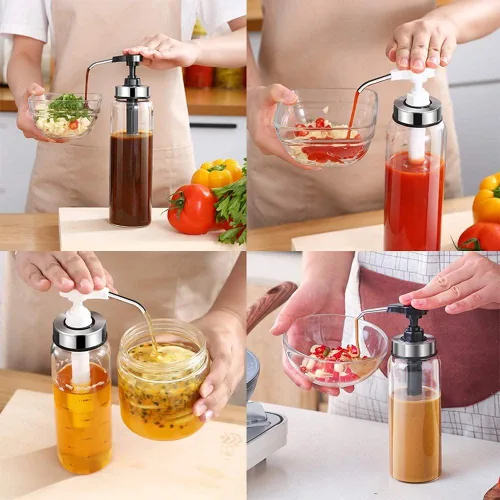 Vista 7 de Juego de botellas exprimibles para salsa, sin goteo, dispensador grande de aceite de oliva de 17 onzas, botella de salsa de tomate y aderezo