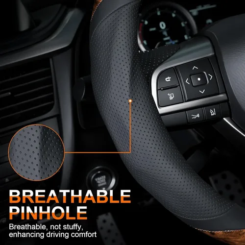 Vista 4 de Funda para volante de grano de madera, de piel de microfibra, transpirable, antideslizante, protector universal de 14.5-15 pulgadas, accesorios