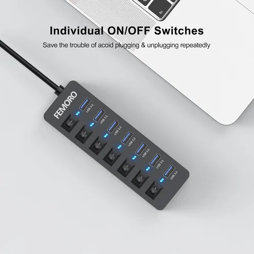 Vista 8 de Hub USB alimentado con cable de 4 pies para PC, 7 puertos de datos USB3.0 y 1 puerto de carga inteligente con adaptador de corriente e interruptores