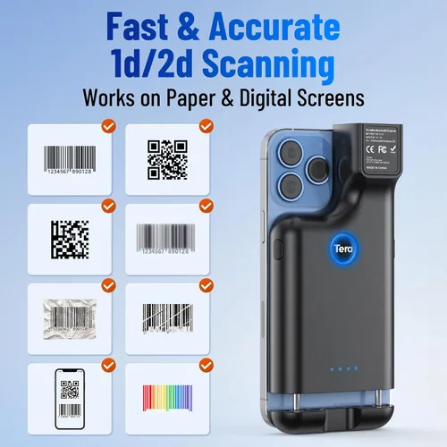 Vista 8 de Tera Escáner de código de barras inalámbrico 1D 2D QR portátil clip trasero 3 en 1 2.4 GHz inalámbrico y USB con cable y compatible con Bluetooth