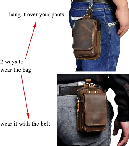 Vista 7 de Le'aokuu Bolso unisex de cuero genuino para hombres y mujeres, con cintura de riñonera y gancho para colgar en la cadera, paquete de 1609, Un marrón