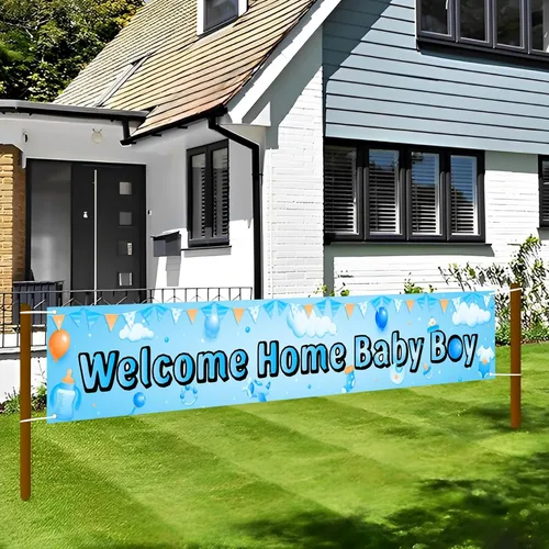 Vista 3 de Labakita Cartel de bienvenida a casa para bebé niño, pancarta grande para baby shower, decoración azul para baby shower, revelación de género