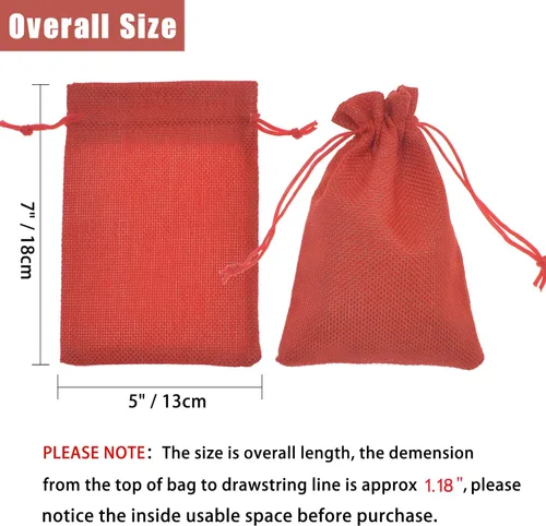 Vista 4 de 50 bolsas de regalo de arpillera de 5 x 7 pulgadas, bolsas de lino rojo con cordón de Navidad, bolsas de yute para joyas, bolsas de recuerdos