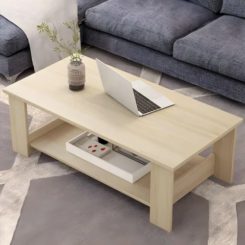 Vista 4 de Mesa auxiliar rectangular moderna con estante de almacenamiento y 4 patas de madera, mesa rectangular para sala de estar, simple, moderna, creativa