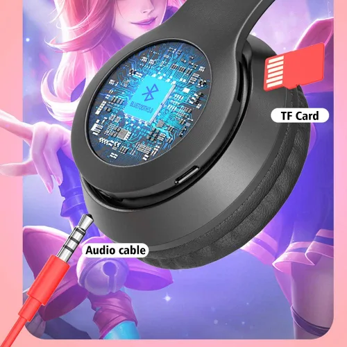 Vista 3 de IUYYPU auriculares de gato auriculares para juegos, auriculares inalámbricos para juegos lindos orejas de gato con luces LED, auriculares plegables