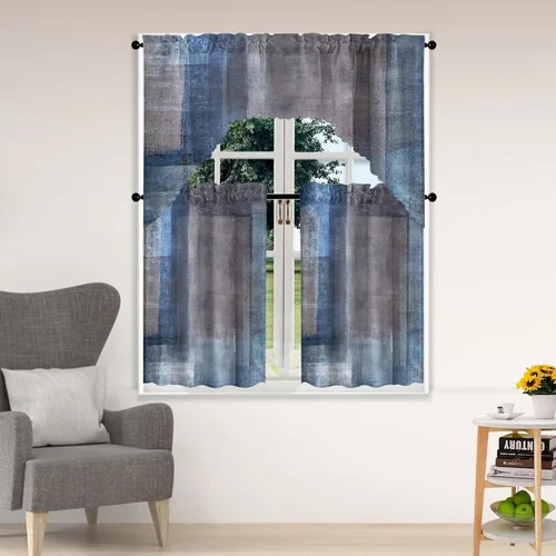 Vista 11 de Blue & Swag - Juego de 3 cortinas para ventana de cocina, cenefa de arte abstracto gris con bolsillo para barra para cocinas modernas