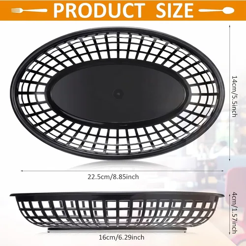 Vista 2 de Potchen 10 cestas de comida rápida de 8.9 x 5.5 pulgadas, cestas de plástico para alimentos, bandeja de chips negros, bandeja ovalada reutilizable