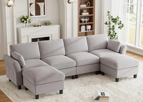 Vista 25 de Legend Vansen Sofá modular seccional, cómodo sofá modular en forma de U de 6 asientos con espacio de almacenamiento y diván, sofás seccionales Crema