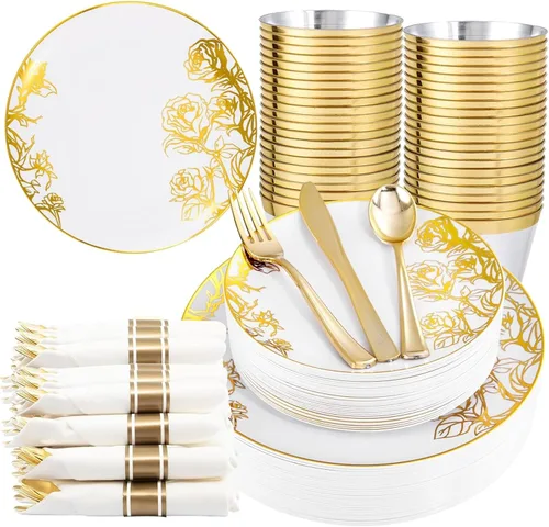 Vista 9 de DaYammi Juego de 210 platos de plástico desechables dorados para bodas y fiestas Marrón