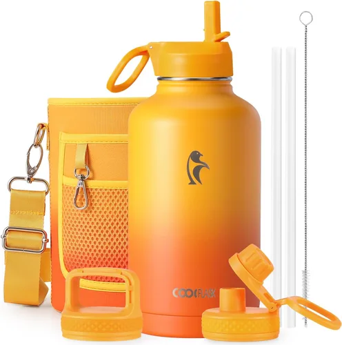Vista 68 de Coolflask Botella de agua de 20 onzas aislada con pajilla, 3 tapas de metal de acero inoxidable, botella de agua de boca ancha para deportes u