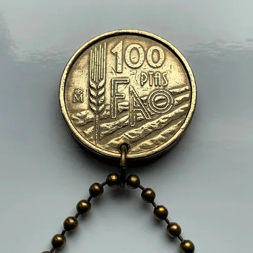 Vista 3 de 1995 Spain España 100 Pesetas coin pendant rey Juan Carlos I FAO Madrid Barcelona Sevilla Granada Malaga Valencia Cadiz Zaragoza Murcia Bilbao