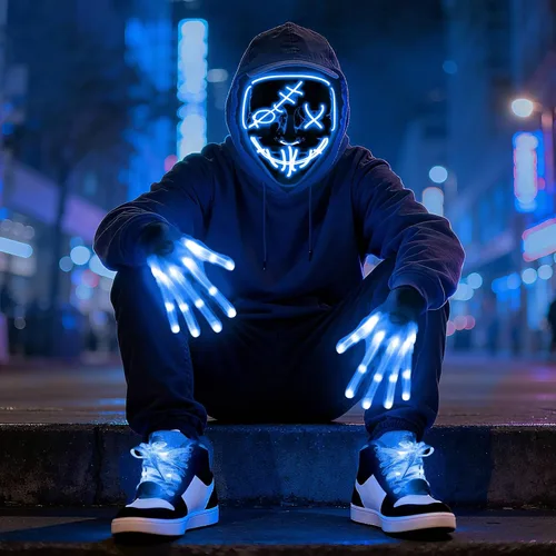 Vista 3 de LED Mask Gloves Shoelace Set, Red & Blue Halloween Costume Rave Cosplay Kit
