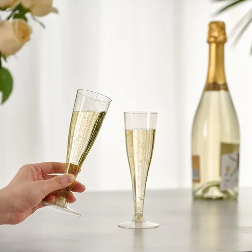 Vista 6 de JOLLY CHEF Paquete de 100 copas de champán de plástico desechables de 4.5 onzas con purpurina dorada para boda, día de Acción de Gracias, Navidad