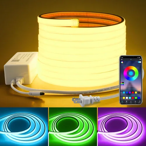 Vista 8 de 110V Tira de luz LED RGB COB Bluetooth de 10 pies, tira de luces LED multicolor ajustable flexible con control remoto, sincronización de música