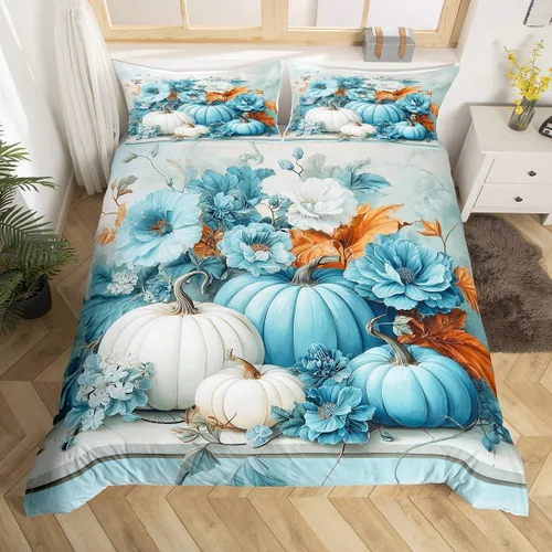 Vista 29 de Erosebridal Juego de funda de edredón individual de pavo de Acción de Gracias, juego de ropa de cama de calabaza y hojas de otoño para niños