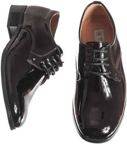 Vista 3 de Zapatos de esmoquin negros brillantes para niños, estilo de punta redonda en tallas de bebés a niños