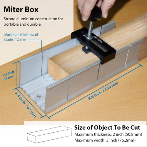 Vista 5 de FIRSTINFO H5441 Caja de ingletes de aluminio metálico de 9.8 pulgadas para sierra manual para sierra de mano con 3 ángulos de corte con tornillo