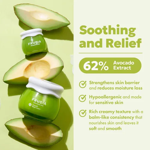 Vista 2 de FRUDIA Crema facial de alivio de aguacate (0.35 onzas), hidratante facial coreano calmante y calmante con 62% de extracto de aguacate, pantenol