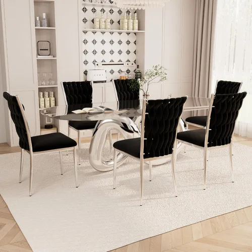 Vista 23 de Juego de 2 sillas de comedor de terciopelo, modernas sillas de cocina tejidas con patas de metal dorado, cojín tapizado con respaldo alto