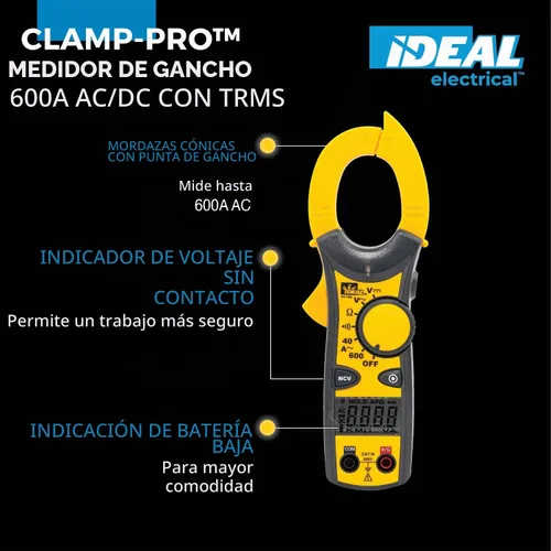 Vista 2 de Pinza amperimétrica IDEAL Electrical 61-744 de 600 Amp AC con NCV, indicador de voltaje, CATIII para 600V, amarilla