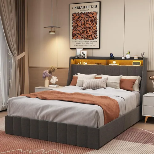 Vista 3 de HAUSHECK Base de cama Queen con cabecera de almacenamiento, 4 cajones y luces LED, cama de plataforma tapizada con cabecera de alas, marco de cama
