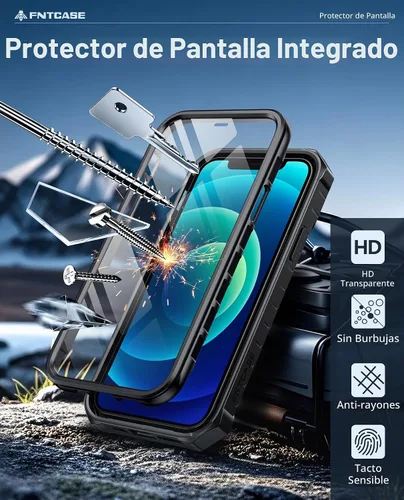 Vista 3 de FNTCASE - Funda para iPhone 12 con protector de pantalla integrado y soporte 20FT Military-Grade Drop Protection, Anti-Slip Matte Textured, Rugged