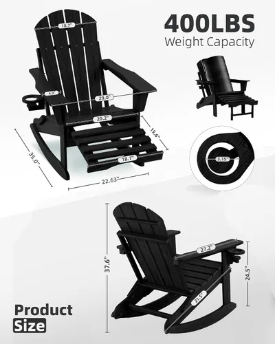 Vista 2 de Mecedora plegable Adirondack, silla de patio multifuncional 4 en 1 con otomana retráctil, silla de exterior con textura de madera, silla de césped