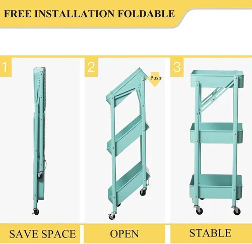 Vista 3 de Carrito de almacenamiento de frutas y verduras, carrito plegable de metal para cocina, estante organizador de almacenamiento de 3 niveles