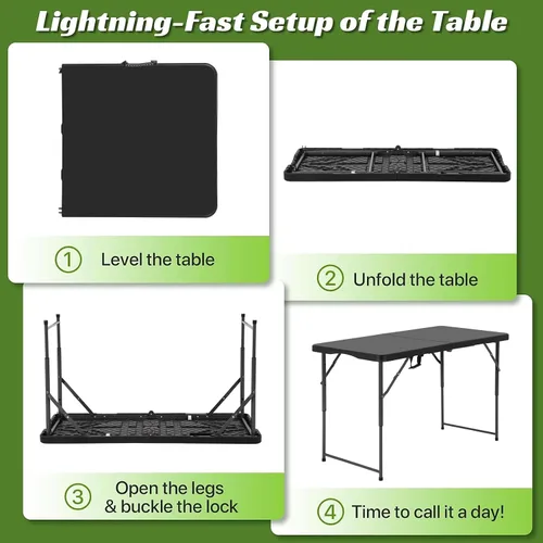 Vista 8 de Mesa Plegable de 4 Pies de Altura Ajustable con Asa Incorporada, Mesa Plegable Portátil de Servicio Pesado de 4 Pies con Patas de Acero