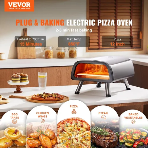 Vista 2 de VEVOR Horno eléctrico de pizza de 12 pulgadas, máquina para hacer pizza de acero inoxidable con piedra para pizza y espátula, calienta hasta 850 °F