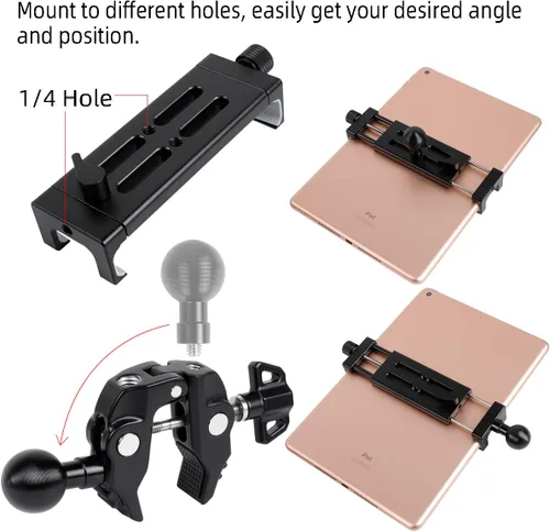 Vista 7 de Soporte de aluminio para tableta para soporte de micrófono, montaje lateral para todos los iPad, giratorio 360 con súper abrazadera compatible