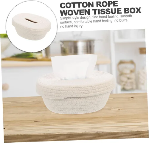 Vista 6 de Caja de pañuelos tejida con cuerda de algodón minimalista para el hogar, oficina, coche, servilleta, diseño elegante para espacios de vida